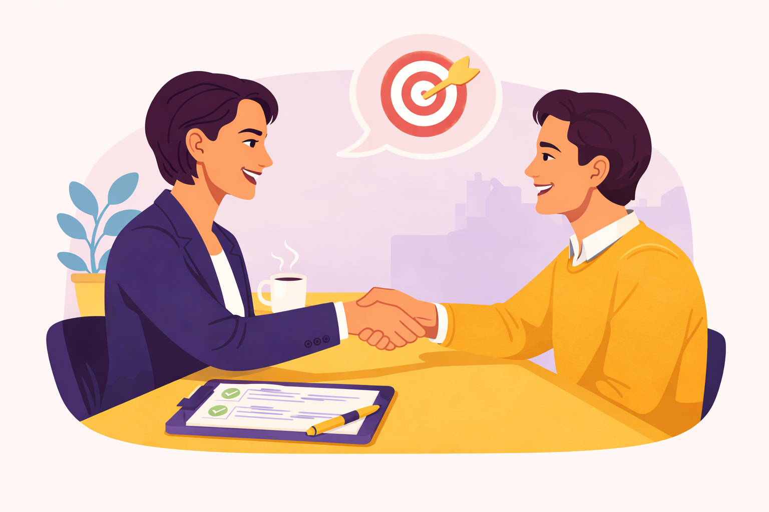 Sales rep closing enterprise deal with handshake and signed document, representing the Calibration Gate and intentional selling in action